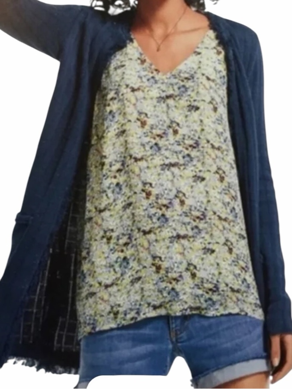 CAbi Navy Blue with Multicolor Speckles Open Front Fringed Duchess Cardigan #181
